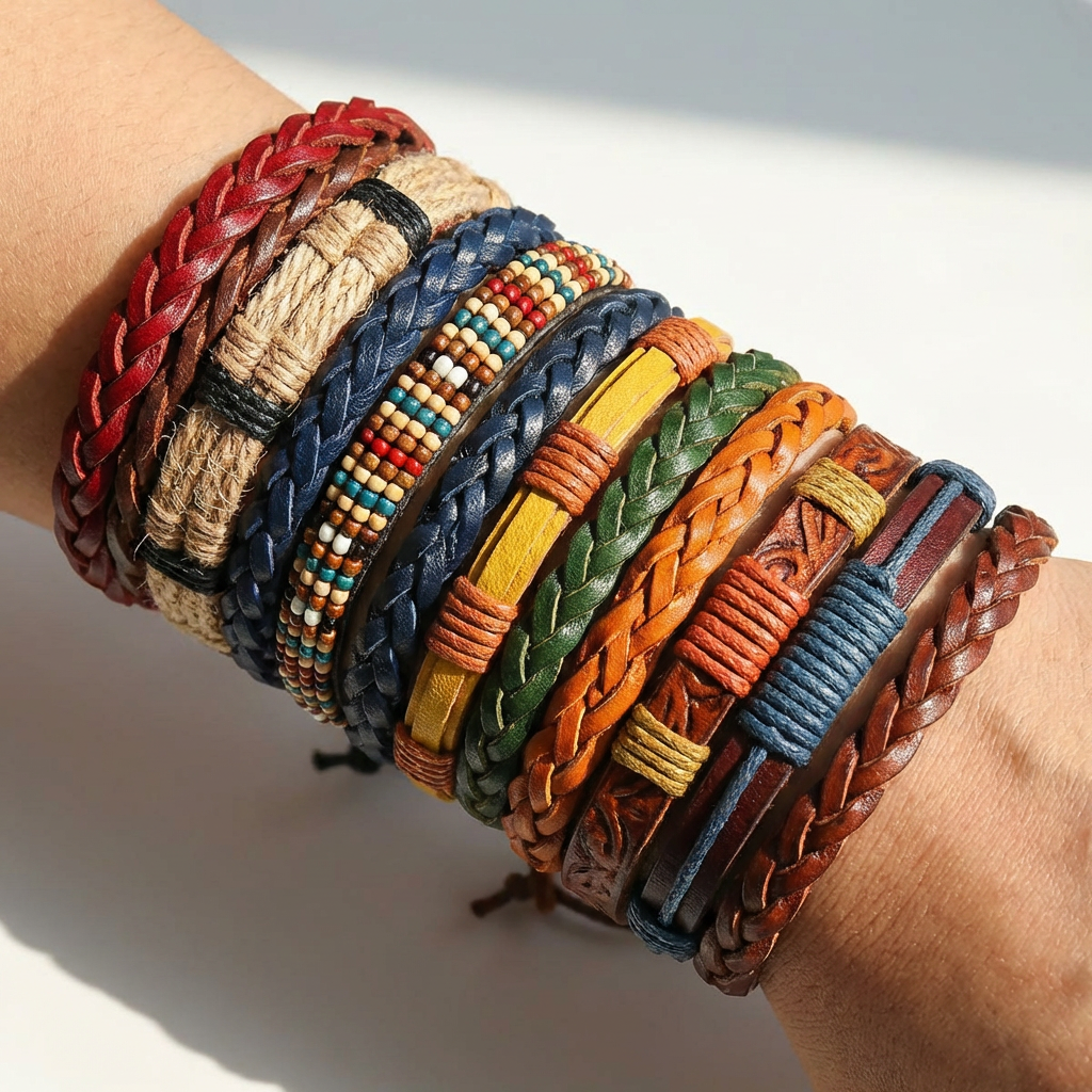Ancient Force Bracelet Set (20 Pcs) – Handmade Leather & Wood Bead Bracelets