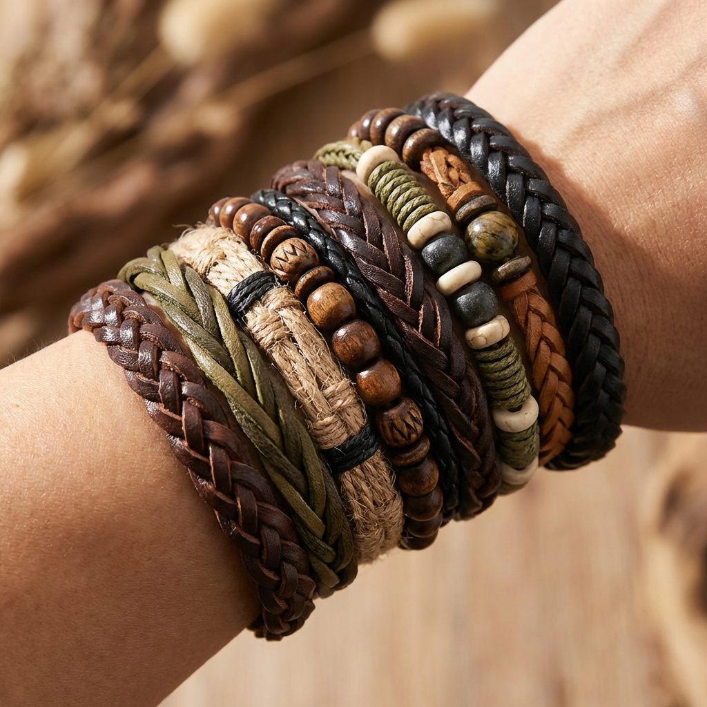 Ancient Force Bracelet Set (20 Pcs) – Handmade Leather & Wood Bead Bracelets